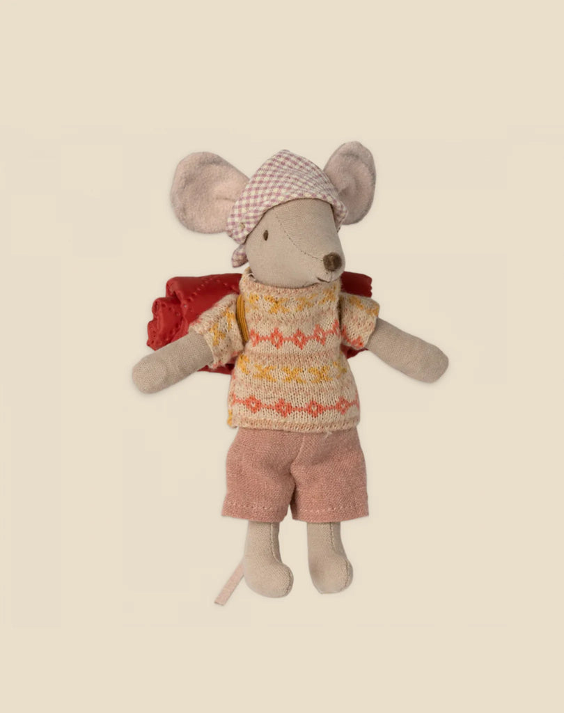 A plush toy mouse dressed in a yellow and pink sweater, pink shorts, and a checkered hat, part of the Maileg Happy Camper Set - Gift Wrapped collection, standing upright against a light beige background