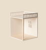 The Maileg Bonus Room Bedroom Set is a minimalist, open-sided two-floor dollhouse with a square window and beige background—ideal for displaying miniature bedrooms and charming dollhouse accessories.