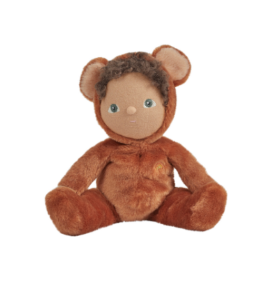 A plush toy bear named Olli Ella | Dinky Dinkums Forest Friends - Bobby Bear with brown fur and human-like facial features, including brown eyes and a small nose, sitting against a white background.