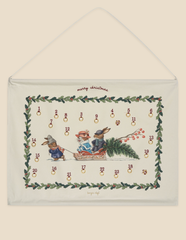 A Christmas-themed fabric advent calendar featuring adorable animals dressed in winter clothing, enjoying festive activities within a wreath border and the text "merry christmas" at the top, with embroidered numbers.
