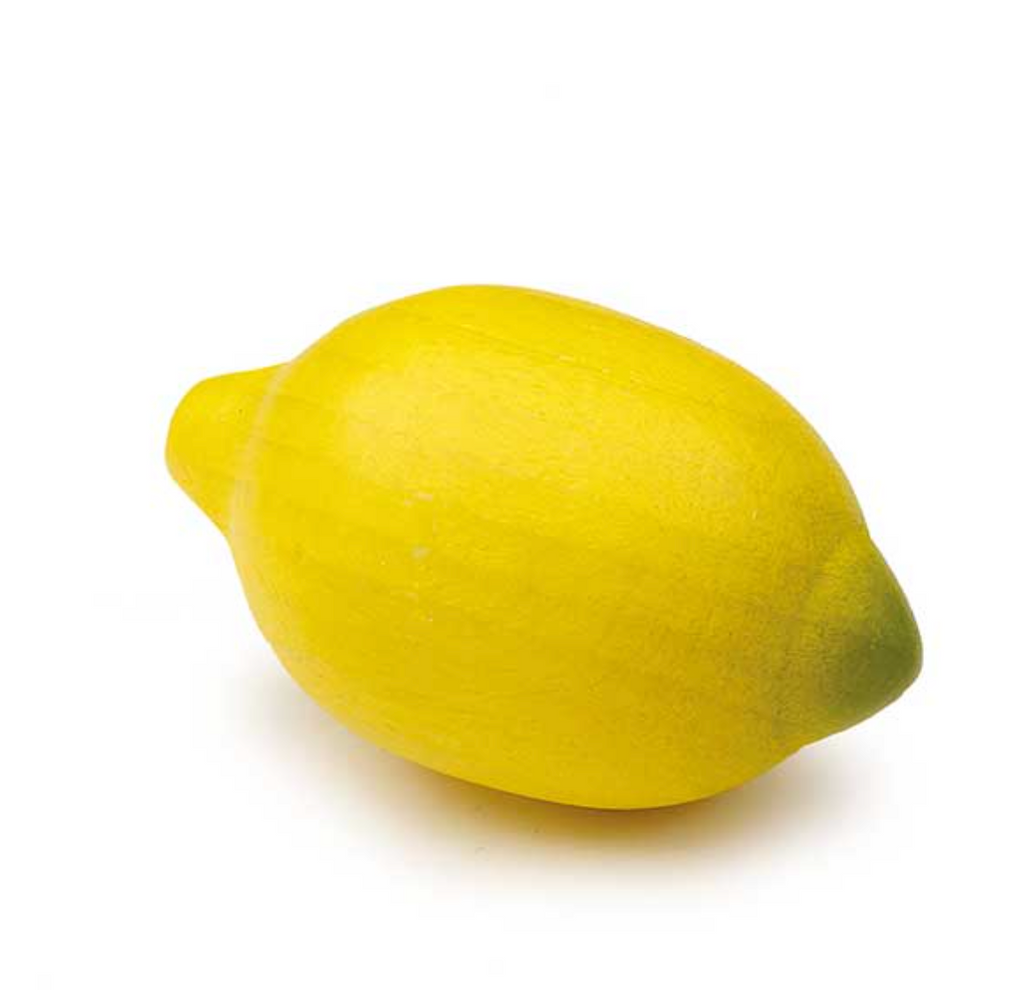 A bright yellow Erzi Lemon Pretend Food with a slightly pointed end, set against a plain white background.