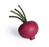 A realistic Erzi Beetroot Pretend Food with a rich purple color and long green leaves extending from the top, set against a white background.