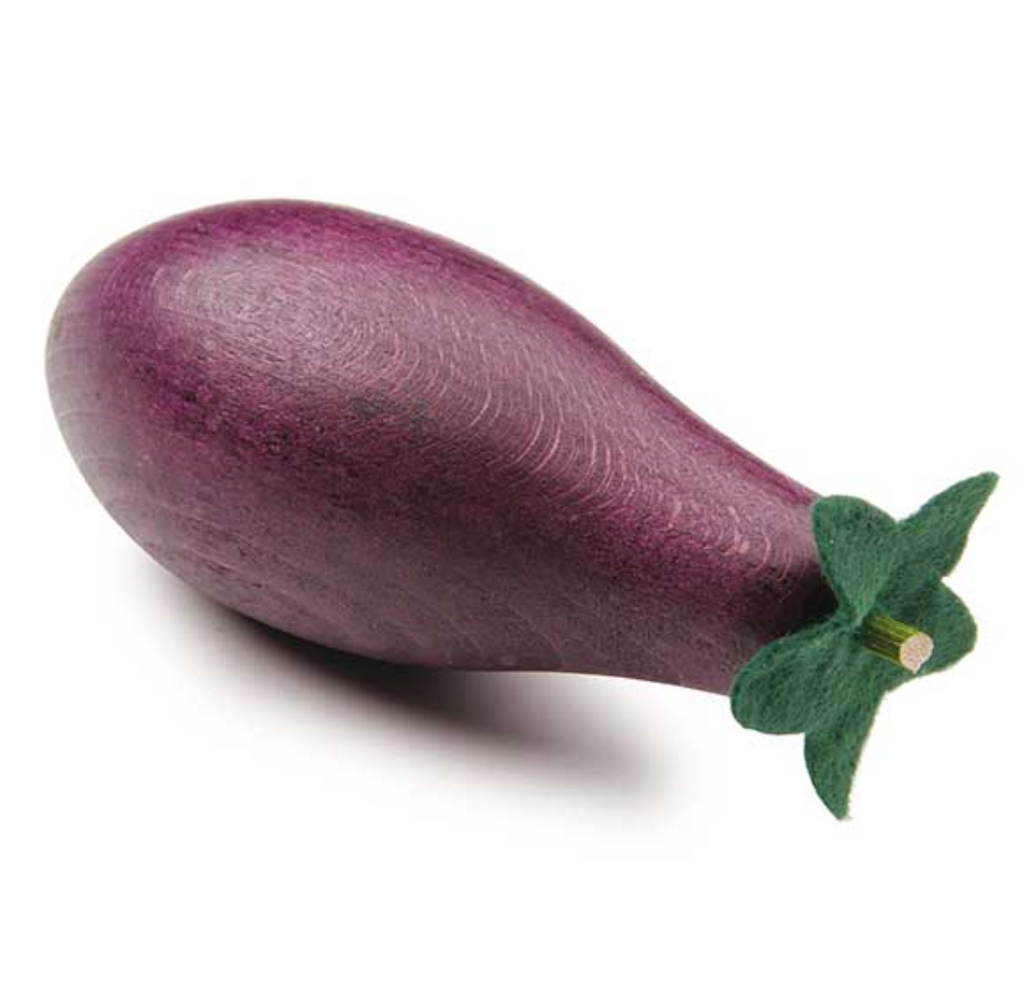 A realistic Erzi Eggplant Pretend Food, vibrant purple with a green stem, lying on a white background.