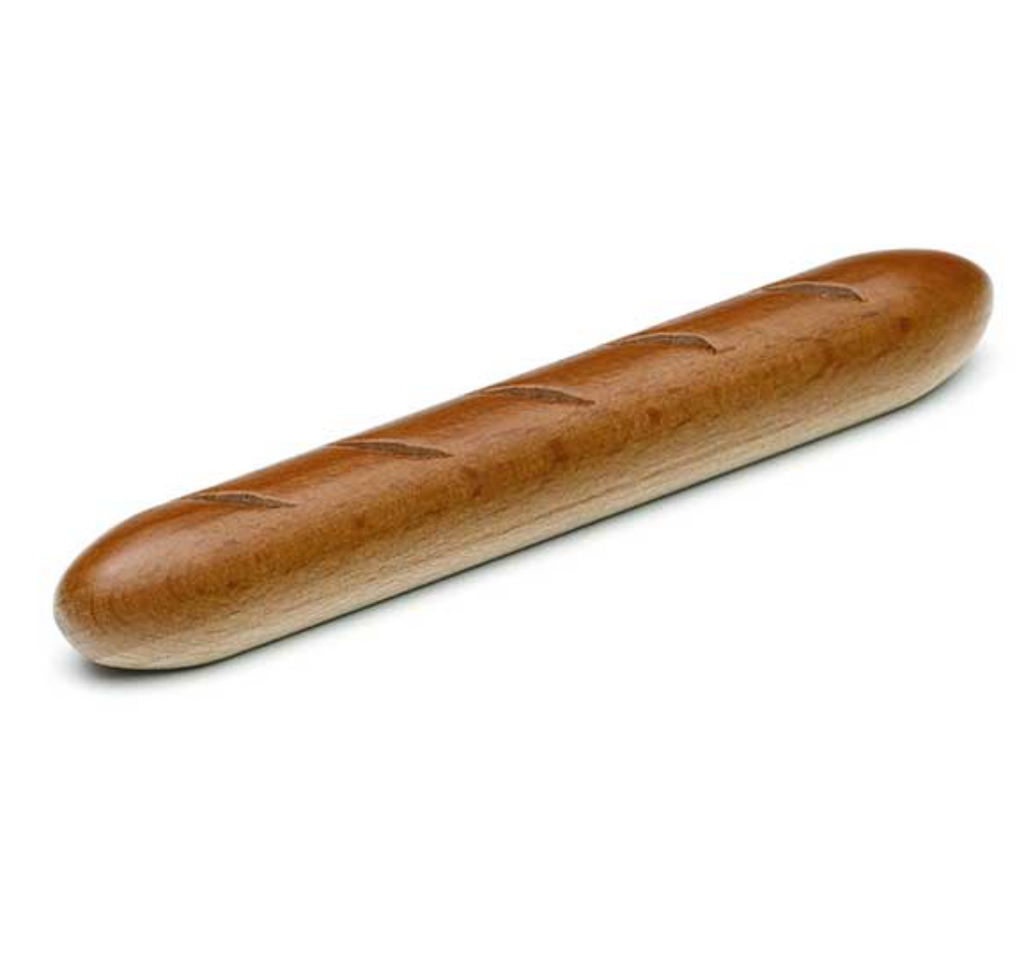 A long, freshly-baked realistic Erzi Baguette Pretend Food with a golden-brown crust and distinct indentations, isolated on a white background.