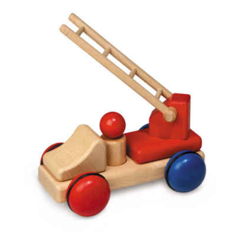A handcrafted Fagus Wooden Firetruck - Mini Series, featuring a red lever, natural wood base, and wheels with red and blue accents, set against a white background.