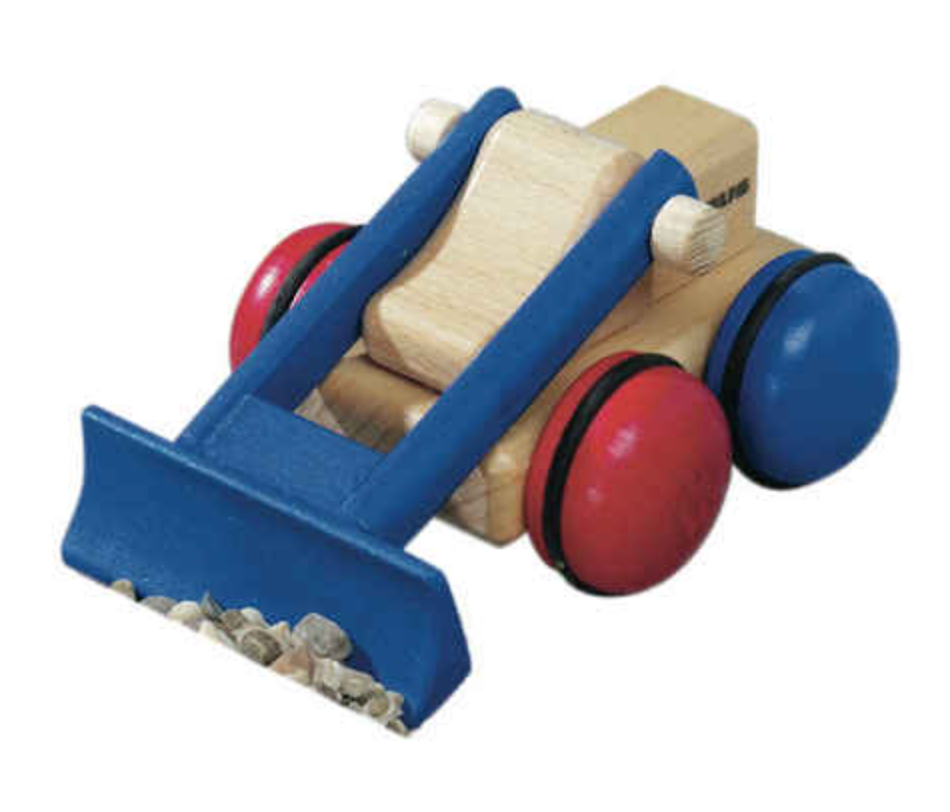 A Fagus Wooden Bulldozer - Mini Series with blue and red wheels, and a blue front blade, on a white background.