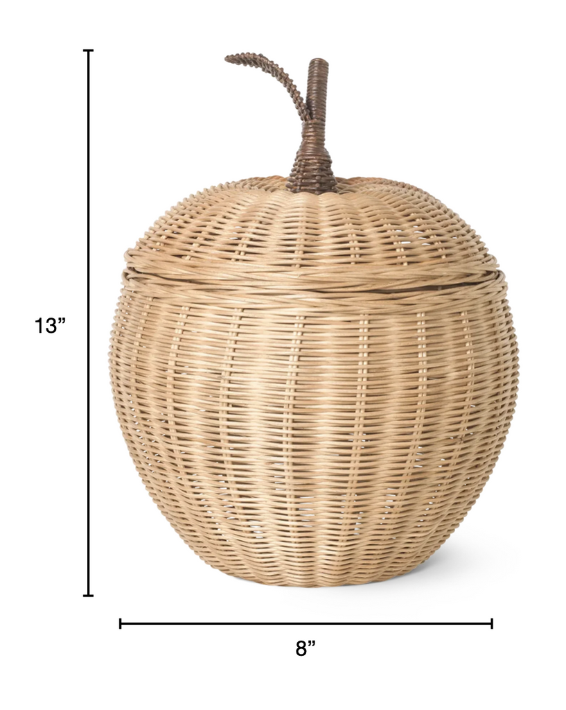 A Braided Apple Storage shaped like an apple, approximately 13 inches tall and 8 inches wide, with a textured lid and a small, curved stem at the top, isolated on.