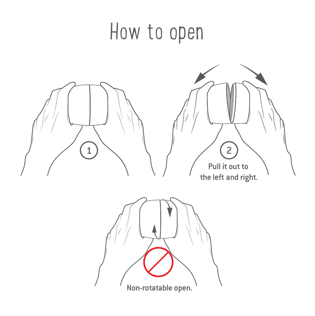 Illustration showing how to open the Maileg Easter Babushka Egg: diagram 1 depicts the item closed, diagram 2 shows hands pulling it open from the sides, and diagram 3 indicates the item.