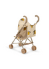 The Konges Sloejd Zoe Doll Stroller - Lemon is a light beige and yellow stroller adorned with lemon prints. It features two curved handle grips and six wheels for enhanced stability. The stroller boasts a compact, foldable design, complete with a canvas seat section, a removable fabric shade, and a storage pocket all in the matching lemon pattern.