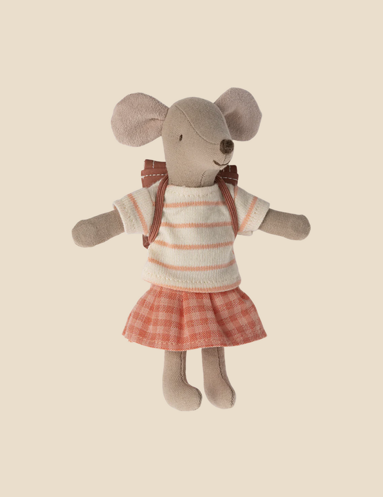 The Maileg Family Theater Set features a plush mouse in a white and pink striped shirt, pink plaid skirt, and brown bow—ideal for adding charm to your Maileg dollhouse décor. Displayed against a plain light beige background.
