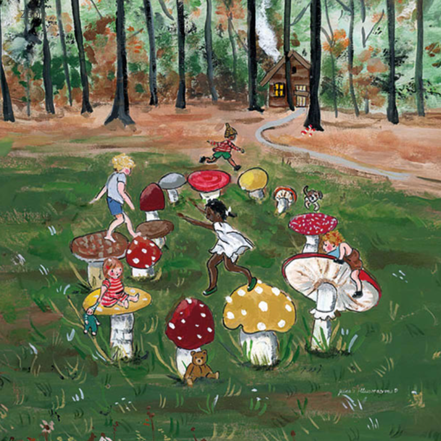 Children joyfully dance and sit on large, colorful mushrooms made from food-grade safe materials in this whimsical illustration of a forest clearing with tall trees. In the background, a small wooden cabin with smoke rising from its chimney adds a cozy feel to the scene. Introducing the "Toadstool Dance Silhouette" for the Toverlux Lamp (ships in approximately one week), which beautifully captures this enchanting moment.