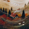 A silhouette of a cozy cabin with a red roof, known as October Cottage, features in this intricate design for the Toverlux Lamp. The scene captures a misty autumn landscape surrounded by pine trees and colorful foliage, with smoke rising from the chimney and sheep grazing near a wooden fence. Birds create magical silhouettes against the cloudy sky backdrop. This beautiful Silhouette Only - October Cottage Silhouette for Toverlux Lamp ships in approximately one week.