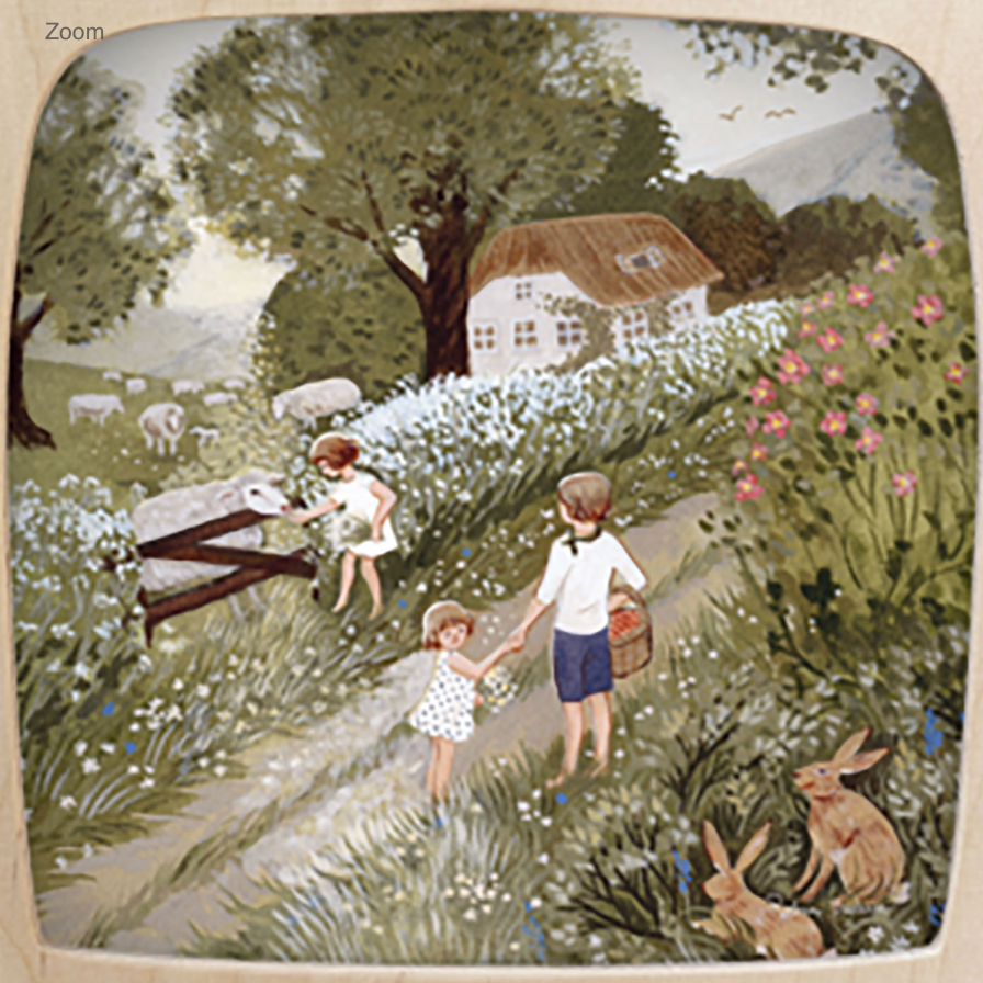 A whimsical painting shows two children picking flowers in a lush, scenic meadow adorned with blooming Cow Parsley, grazing sheep, and two rabbits in the foreground. A quaint cottage is nestled among the trees in the background, with rolling hills under a soft sky. The scene is perfectly captured by the enchanting *Silhouette Only - Cow Parsley Silhouette for Toverlux Lamp*, adding an extra touch of magic (ships in approximately one week).