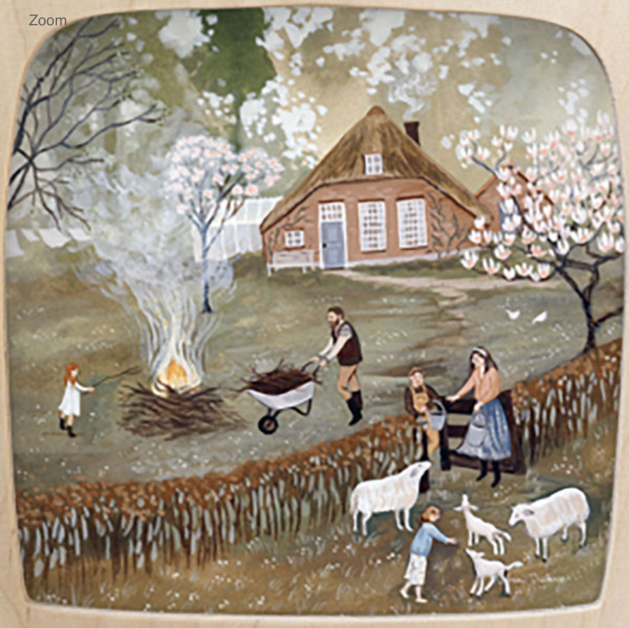 A pastoral scene depicts people engaged in various activities near a cottage. A child in a red top stands beside a burning pile of leaves, while two adults with a wheelbarrow tend to the garden. Other family members are near sheep and lambs beneath blooming trees, creating enchanting magic silhouettes that are ideal for home decor with the Silhouette Only - Bonfire Silhouette for Toverlux Lamp (ships in approximately one week).