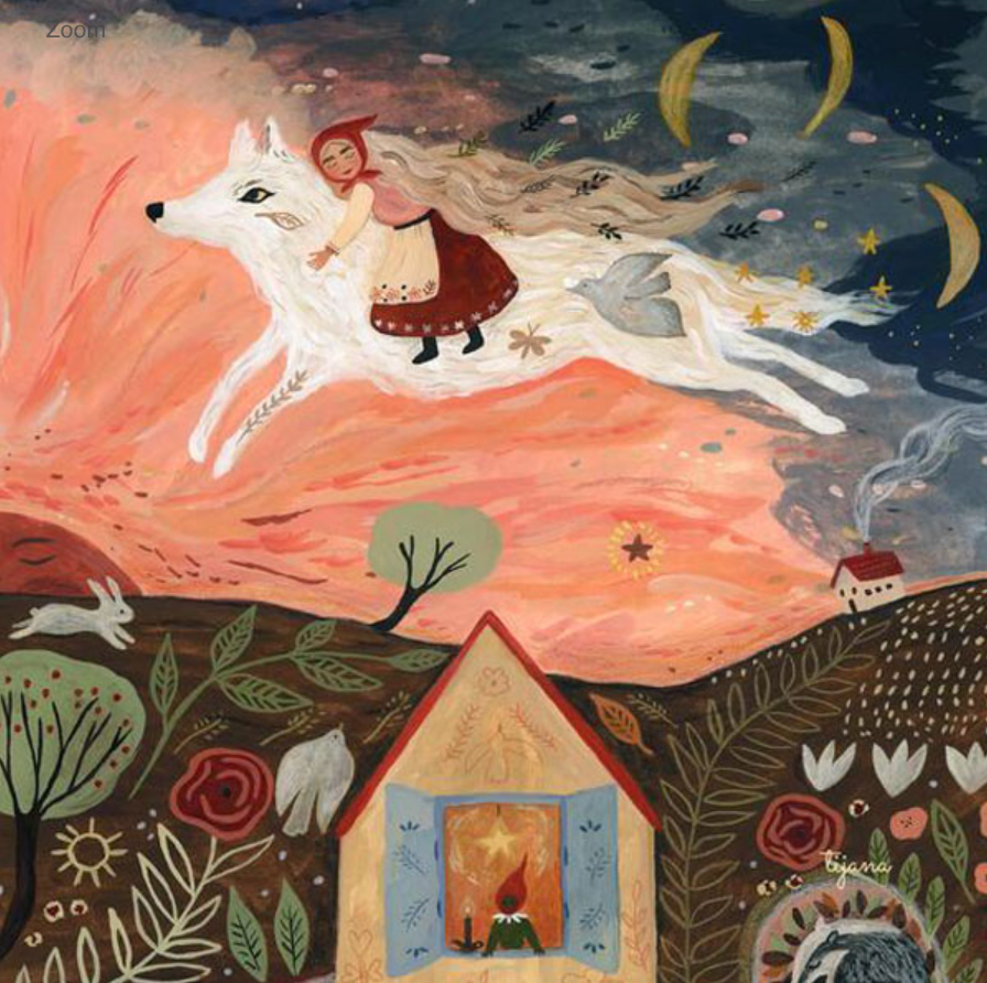 A whimsical illustration shows a girl in a red hood riding a large white wolf across a colorful night sky. Below, an open door in the house reveals a cozy interior illuminated by the Toverlux Lamp featuring only the Girl and the Wolf Silhouette. The landscape includes rolling hills and trees beneath the crescent moon.