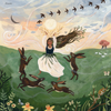 A woman clad in a flowing dress dances joyously in a grassy field, accompanied by hares as four bounding rabbits join her. Birds soar overhead against a swirling sky, while flowers and trees contribute to the vivid, enchanting scene created by Tijana Draws with her Silhouette Only - Dancing With Hares Silhouette designed for the Toverlux Lamp.