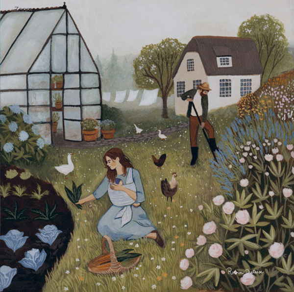 A woman, illuminated by the Toverlux lamp's Homestead Silhouette, kneels in a garden picking vegetables. Nearby, a man waters plants adjacent to the greenhouse as chickens and geese wander the yard. In the distance, a house and flowers merge with laundry swaying like translucent fabric on the line.