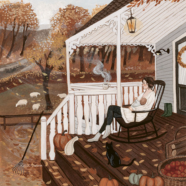 A woman gently rocks in a chair on a porch, cradling a baby with the Silhouette Only - Autumn Breath for Toverlux Lamp casting their figures against a backdrop of vibrant autumn leaves. A steaming mug sits on the railing as a black cat lounges nearby. Pumpkins and apples are strewn across the ground, while sheep graze under trees, creating an enchanting autumnal atmosphere.