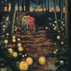 A painting titled "Silhouette Only - Saint Martin for Toverlux Lamp" portrays a nighttime forest scene illuminated by glowing orbs. It features a red silhouette riding a horse with another figure nearby. The path, made of translucent material, emits a warm glow against the backdrop of dark trees and a vibrant, starry sky.