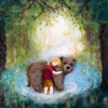 A child cuddles a bear in the captivating glow of the Silhouette Only - Enchanted Forest for Toverlux Lamp. The design features a soft, woolly texture illuminated by vibrant greens and blues, with glowing orbs that add enchanting silhouettes, enhancing the magical ambiance and creating a warm home atmosphere.