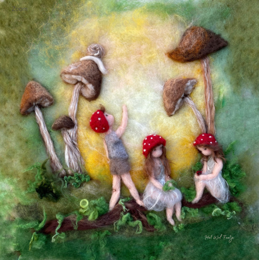 The "Silhouette Only - Children Of The Forest for Toverlux Lamp" features a whimsical felt art scene crafted with food-grade safe materials, showcasing three children wearing red mushroom hats in a wooded setting. They stand amidst tall mushrooms on a lush green ground, set against a glowing, warm yellow background that beautifully represents Magic Silhouettes.