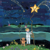 Introducing the "Silhouette Only - Star Catchers for Toverlux Lamp": An enchanting depiction featuring a child in pajamas and a teddy bear clutching shimmering ropes tied to a giant star in the night sky. They are poised on grass adorned with flowers, framed by hills, houses, and trees that form magical silhouettes against the starry backdrop.