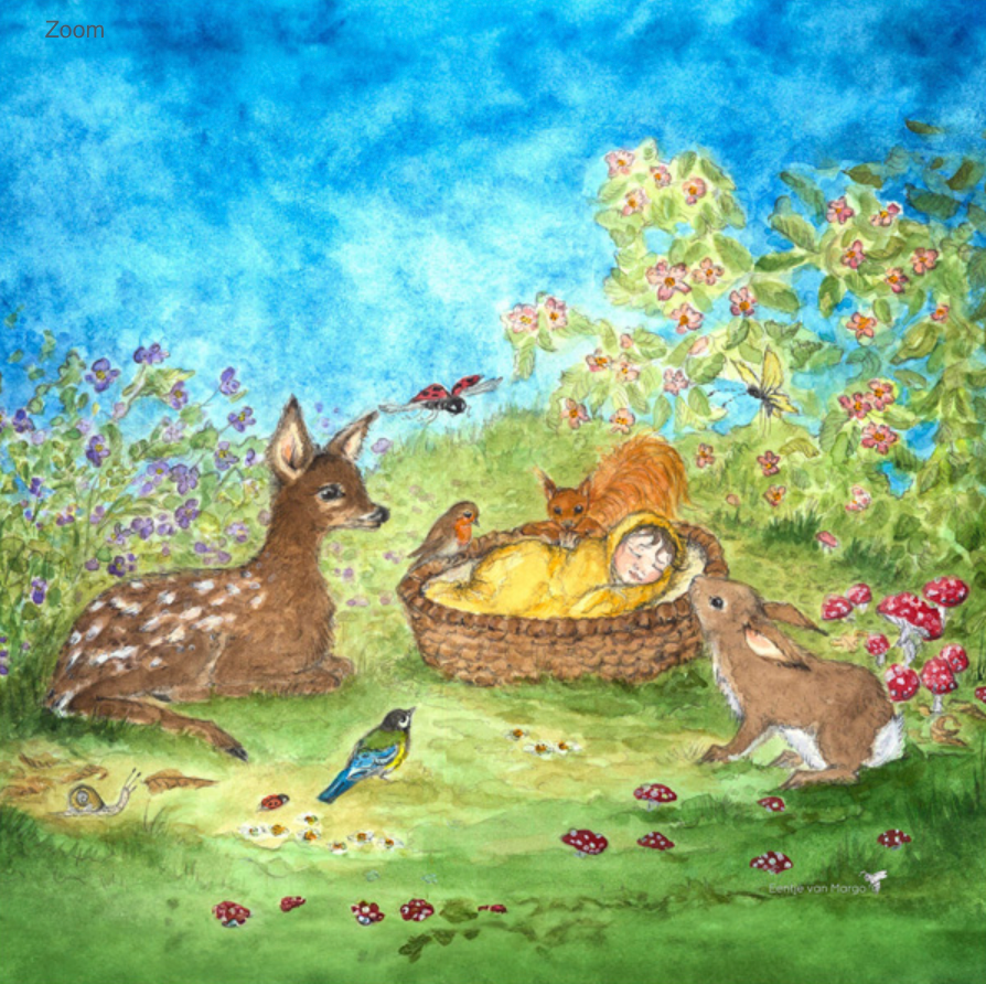 A captivating scene featuring a sleeping baby in a basket, surrounded by the Forest Slumber design; silhouettes of a deer, rabbit, squirrel, birds, and butterfly bring enchantment to this lush garden backdrop with the Silhouette Only - Forest Slumber for Toverlux Lamp. The colorful flowers and vibrant blue sky complete this magical setting.