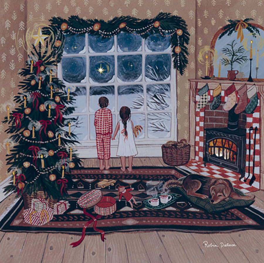 In a warm living room scene, two children, a boy and a girl, gaze out of a snow-covered window, creating an enchanting moment reminiscent of the Morning Star Silhouette for the Toverlux Lamp. The picture is completed by a decorated Christmas tree surrounded by gifts and stockings above a glowing fireplace. A dog peacefully slumbers on a rug close to food-grade safe cookies and milk.