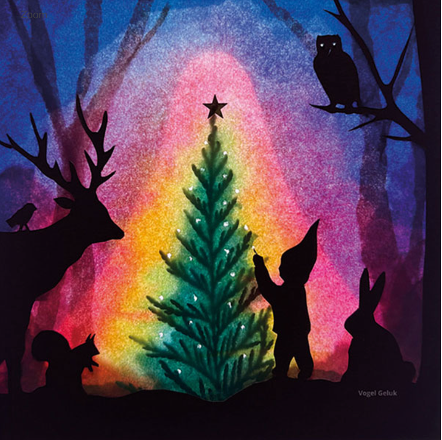 Silhouette Only - Christmas Tree Silhouette for Toverlux Lamp features the outline of a child, surrounded by magical silhouettes of a deer, owl, squirrel, and rabbit, as they point at the star atop the tree against a vibrant and glowing backdrop. (Ships in approximately one week)