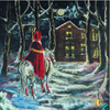 Against the backdrop of a snowy forest at night, illuminated by the Silhouette Only - Bright December Moon for the Toverlux Lamp, a person in a red cloak rides a white horse. This magical lighting casts mystical shadows along the path to a warmly lit house in the distance, framed by bare trees that enhance the mysterious and enchanting atmosphere.