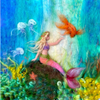 In the Silhouette Only - Underwater World designed for the Toverlux Lamp, a blonde mermaid with a pink tail sits on a rock, reaching toward an orange fish, while two jellyfish drift nearby amidst seaweed and vibrant marine life. This enchanting scene is crafted in felt and will ship in approximately one week.