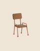 The Maileg Mouse Size School Chair - Dark Powder features a simple design with a wooden seat and backrest, light brown metal legs, and dark pink rubber tips. Its hand-painted details are charmingly set against a plain beige background. Ships in approximately one week.