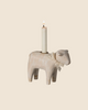 The PRE-ORDER Maileg Wooden Candle Holder - Off White Lamb features a lace ribbon and white candle, ideal as an Easter decoration. Ships late January.