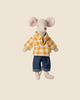 Introduce the PRE-ORDER: Maileg Dad Mouse With Yellow Shirt, a plush toy dressed in a yellow checked shirt and denim pants, available for shipping late February.