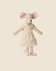 A soft, cuddly Maileg Mum Mouse in a light blue dress with an orange floral pattern is the perfect addition to any charming mouse collection. This PRE-ORDER item, shipping late February, features large ears and a neutral expression against a plain beige background.