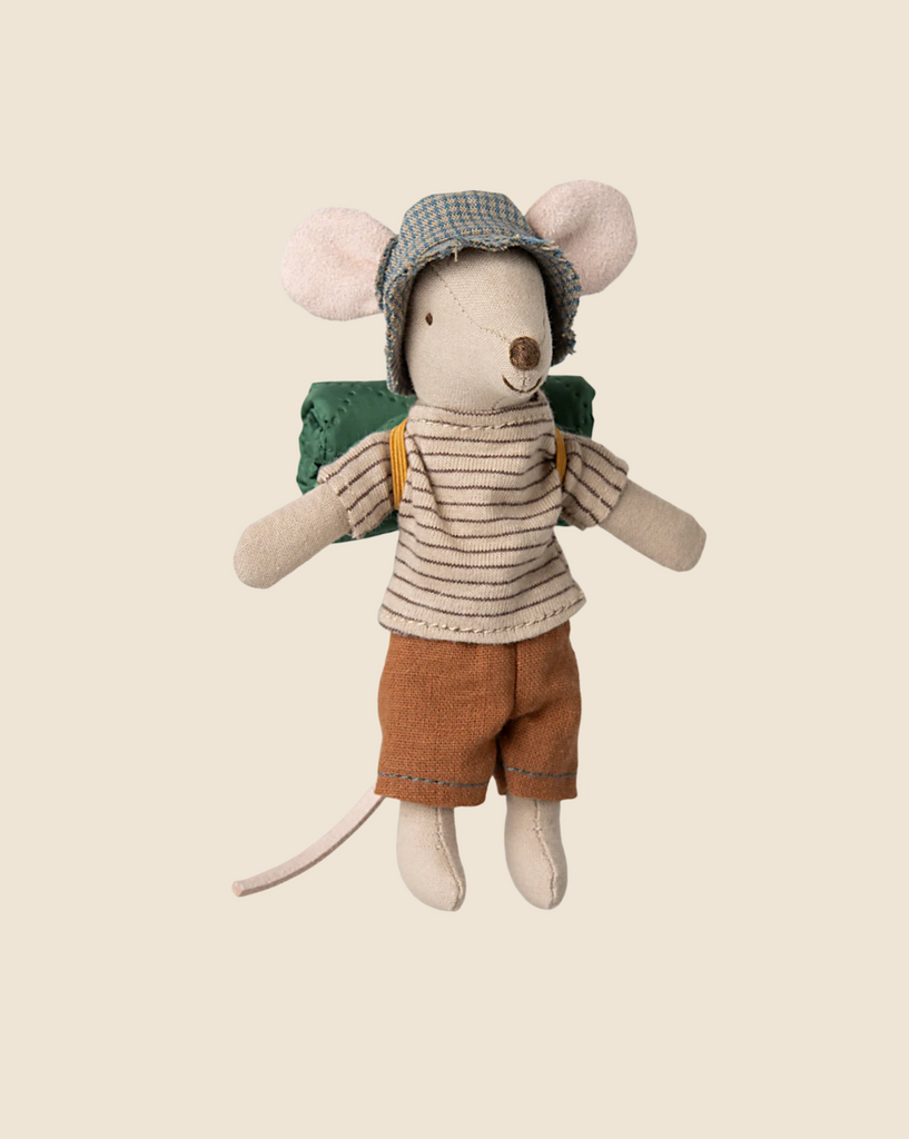 The Maileg x Fagus Limited Edition Tractor Set features a charming Hiker Mouse plush in striped shirt, brown shorts, blue plaid cap, and green backpack—an adorable companion for any tractor adventure.