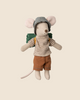 As part of the Hiker collection, the Maileg Hiker Mouse - Big Brother features a striped shirt, brown pants, checkered hat, and green backpack. (Pre-order now; ships late February.).