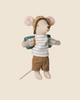 The PRE-ORDER: Maileg Hiker Mouse With Blue Striped Shirt - Big Brother stands ready for adventure, decked in a blue striped shirt, brown pants, checkered hat, and green backpack. Standing confidently with its long tail against a plain backdrop; it’s perfect for any hiking journey. (Ships late February).