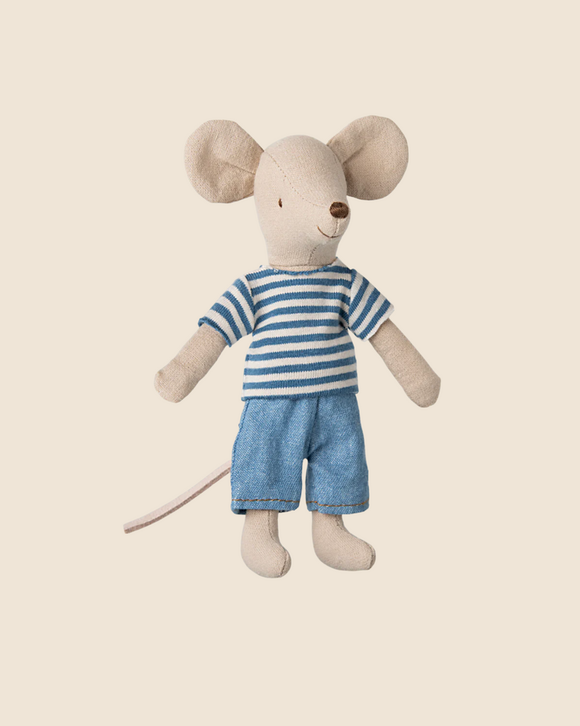 Introducing the PRE-ORDER Maileg LouisMax Mouse - Big Brother, an adventurous plush toy in a blue and white striped outfit. Perfect for adding whimsy to your space, it stands against a beige backdrop. Ships late February.