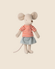 A Maileg Mouse dressed in a red striped t-shirt and light blue denim skirt with oversized ears and a long tail, set against a plain beige background. Available for pre-order: Big Sister (ships late February).