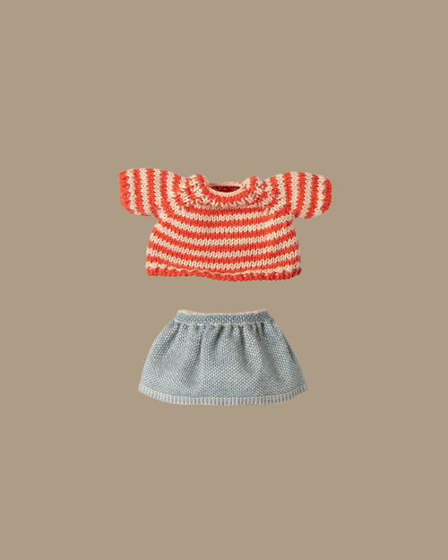 A beige backdrop highlights the pre-order Maileg Knitted Sweater and Skirt for Big Sister Mouse, featuring a red and white striped cotton sweater with a light blue skirt. Ships late February.