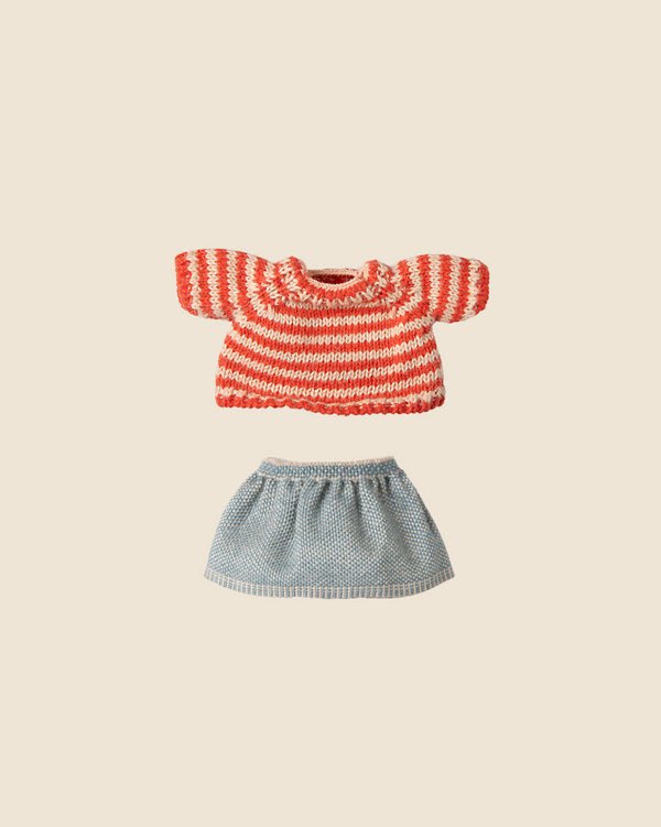 A beige backdrop highlights the pre-order Maileg Knitted Sweater and Skirt for Big Sister Mouse, featuring a red and white striped cotton sweater with a light blue skirt. Ships late February.