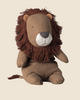 A Maileg Safari Friends Big Lion plush with a brown mane and light brown body sits on a neutral background, featuring handmade embroidered facial details and small stuffed paws. This soft toy is available for pre-order, shipping in February.