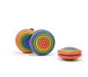 Three handcrafted Mader Wooden Yoyo - Rainbow, made from maple wood with concentric rainbow circles, are shown on a white background—two standing upright and one lying flat—a vibrant non-toxic toy suitable for all ages.