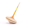 The Mader Spaghetti Spinning Top - Yellow is crafted from maple wood, featuring a wide base and a tall, narrow handle with orange, yellow, and red stripes, elegantly balanced on its pointed tip against a white background.