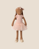 A Maileg Bunny, Size 3, in chocolate brown, wearing a ballet suit and rose skirt, is set against a plain beige background.