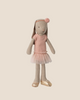 The Maileg Bunny, Size 2 - Classic, wears a rose ballet suit and skirt, and gold shoes. It stands upright against a plain beige background.