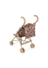 The Konges Sloejd Doll Stroller - Heart Kisses features beige handles, double wheels, a fabric seat, and a matching carriage bag with a red, blue, and gray heart pattern, all shown against a white background.