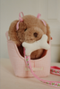 The Konges Sloejd Maude Puppy in Basket features a plush brown puppy with pink bows, a white bone toy, and a pink gingham bag. A pink floral-patterned leash is attached to the basket for added charm.