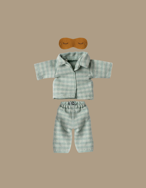 Maileg Extra Clothing: Pyjamas For Dad Mouse includes a light blue striped shirt, matching pants, and a brown eye mask for dad mouse, displayed on a beige background.